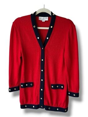St. John Collection by Marie Gray Santana Knit Cardigan in Red & Navy Size 2
